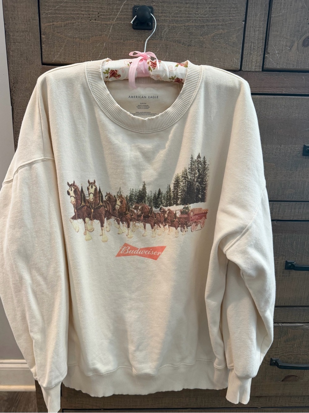 American Eagle Outfitters Cream Crewneck Sweatshirt with Budweiser Graphic